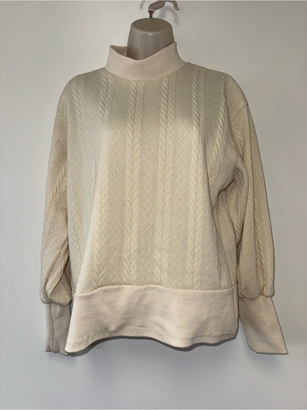 Parker & Quinn (Large) Cream Stretchy Cable Knit High Neck Top
